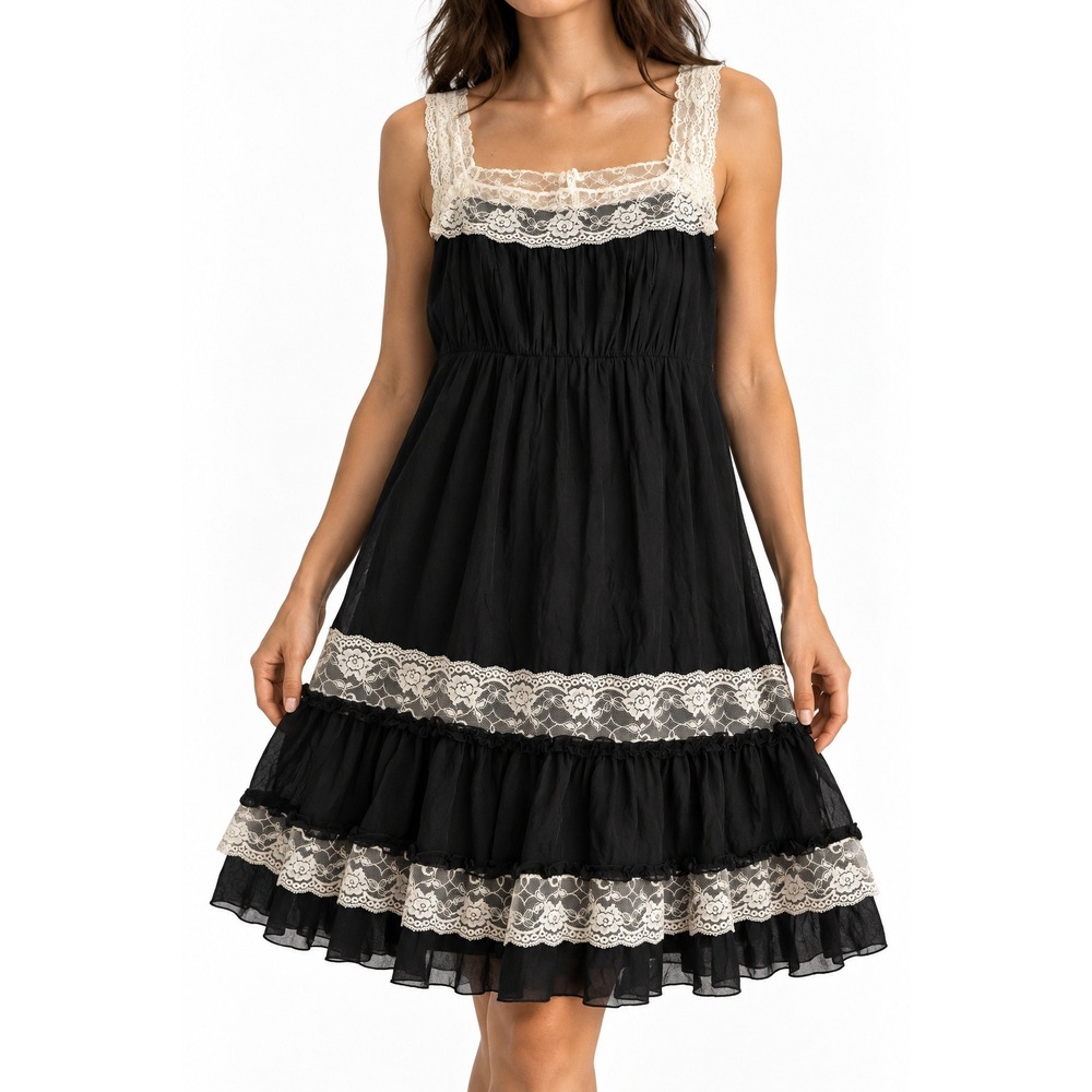 Robert Rodriguez Black Silk Lace Tiered Ruffle Babydoll Dress 8 Witchy Romantic